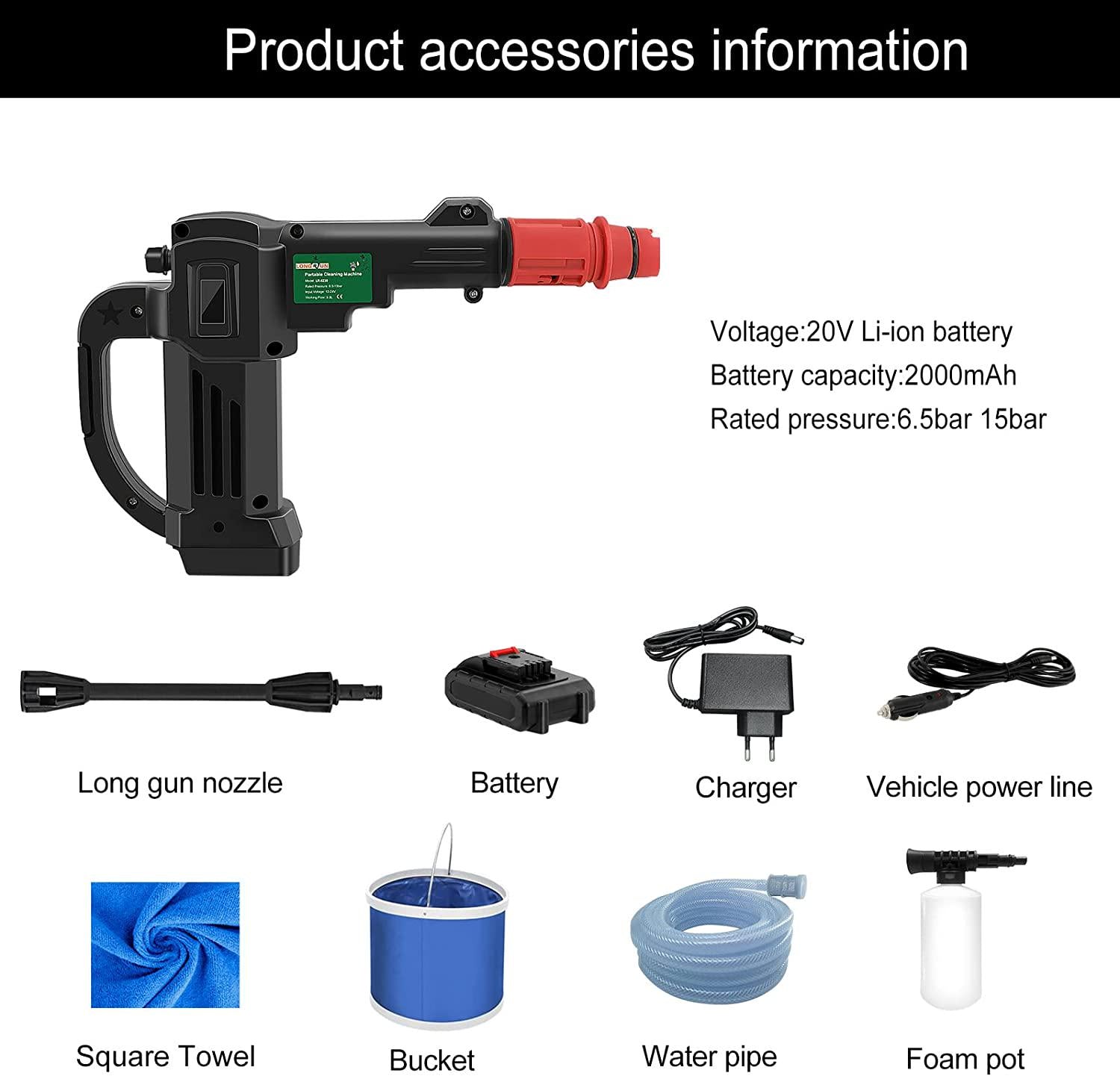 Longrun, LONGRUN Cordless Pressure Washer, 20V 15Bar Portable Power Washer, 2.0Ah Battery Pressure Cleaner Jet Washer with Nozzle, Compact Handheld Pressure Water Sprayer for Patio Cleaning Car Washing