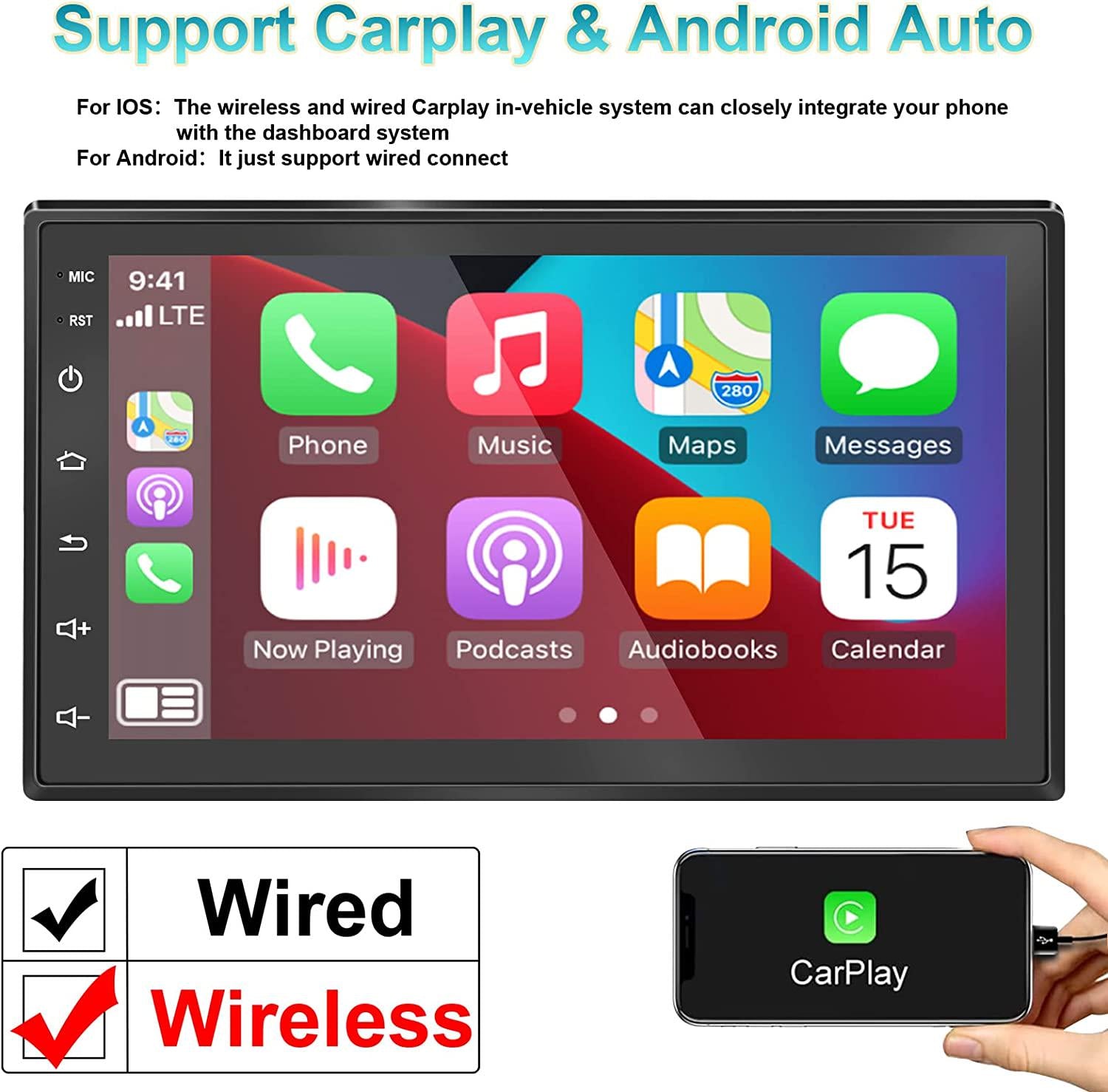 LORPHEIR, LORPHEIR Double Din Car Stereo Compatible with Carplay, 7 Inch HD Capacitive Touch Screen Android Car Radio with Mirror Link Bluetooth Rear View Camera and Steering Wheel Controls, Support USB/GPS/FM