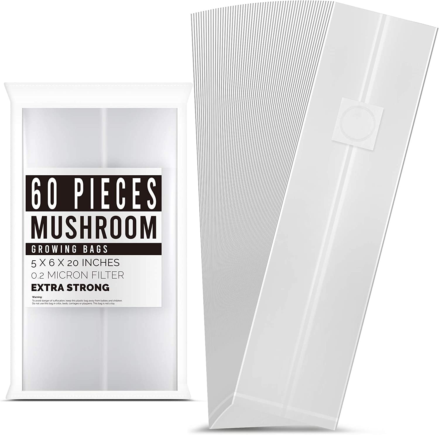 LOSTRONAUT, LOSTRONAUT 60-Pack Mushroom Grow Bags | Extra Strong Large Size Breathable Autoclavable Spawn CO2 Bag for Growing Mushrooms | Tear-Proof 6'' X 5'' X 20''.2 Micron Filter, 4.8Mil