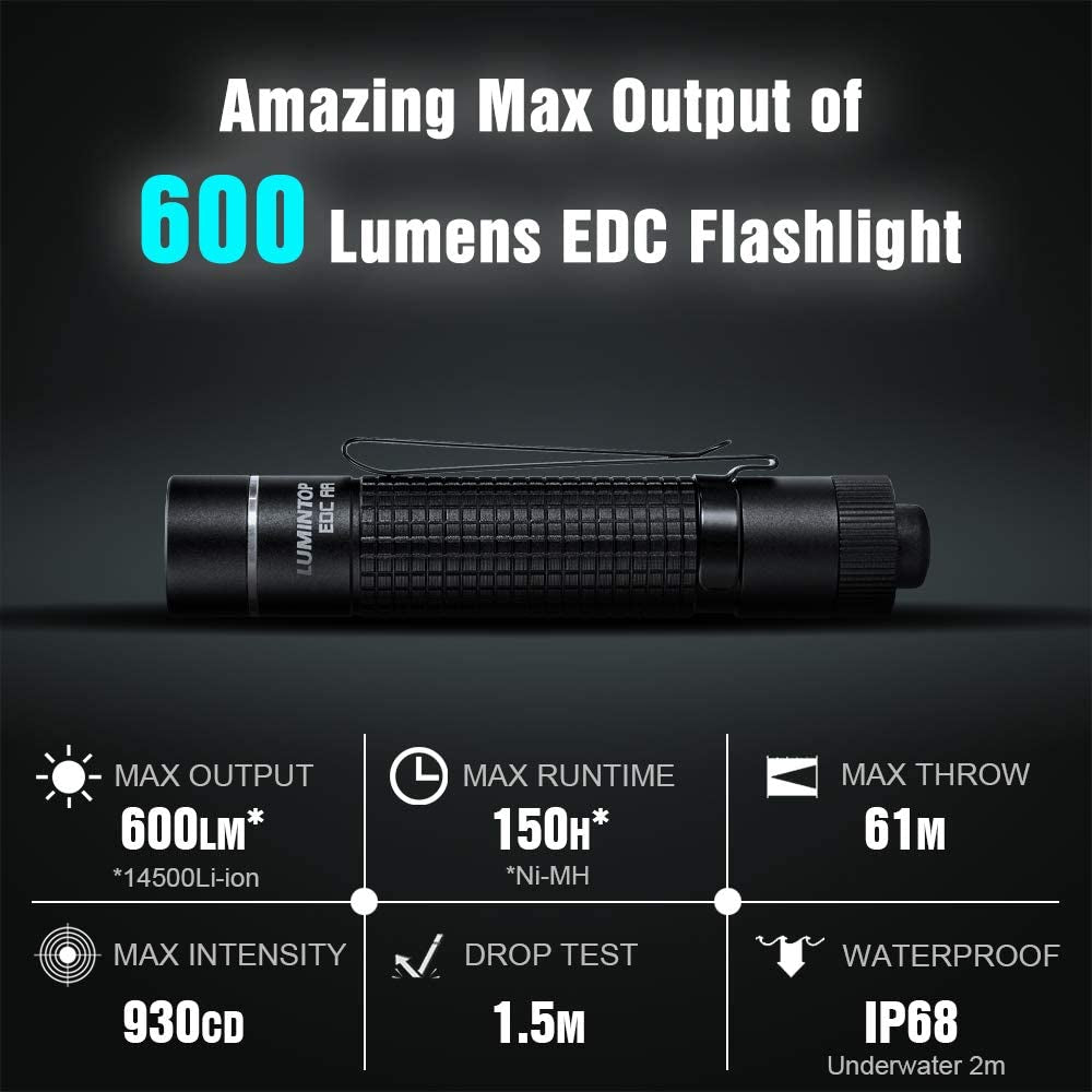LUMINTOP, LUMINTOP EDC AA Flashlight Max 600 Lumens EDC Flashlight 5 Outputs LED Pocket Flashlight Compatible with AA / 14500 Li-Ion Battery, IP68 Waterpoof Everyday Carry Mini Flashlight (Cool White)
