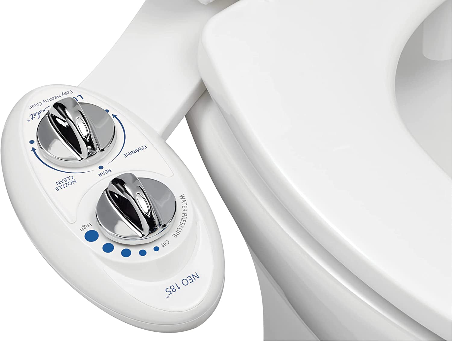 LUXE Bidet, LUXE Bidet Neo 185 (Elite) Non-Electric Bidet Toilet Attachment W/Self-Cleaning Dual Nozzle and Easy Water Pressure Adjustment for Sanitary and Feminine Wash (Blue and White) 13.5 X 7 X 3 Inches