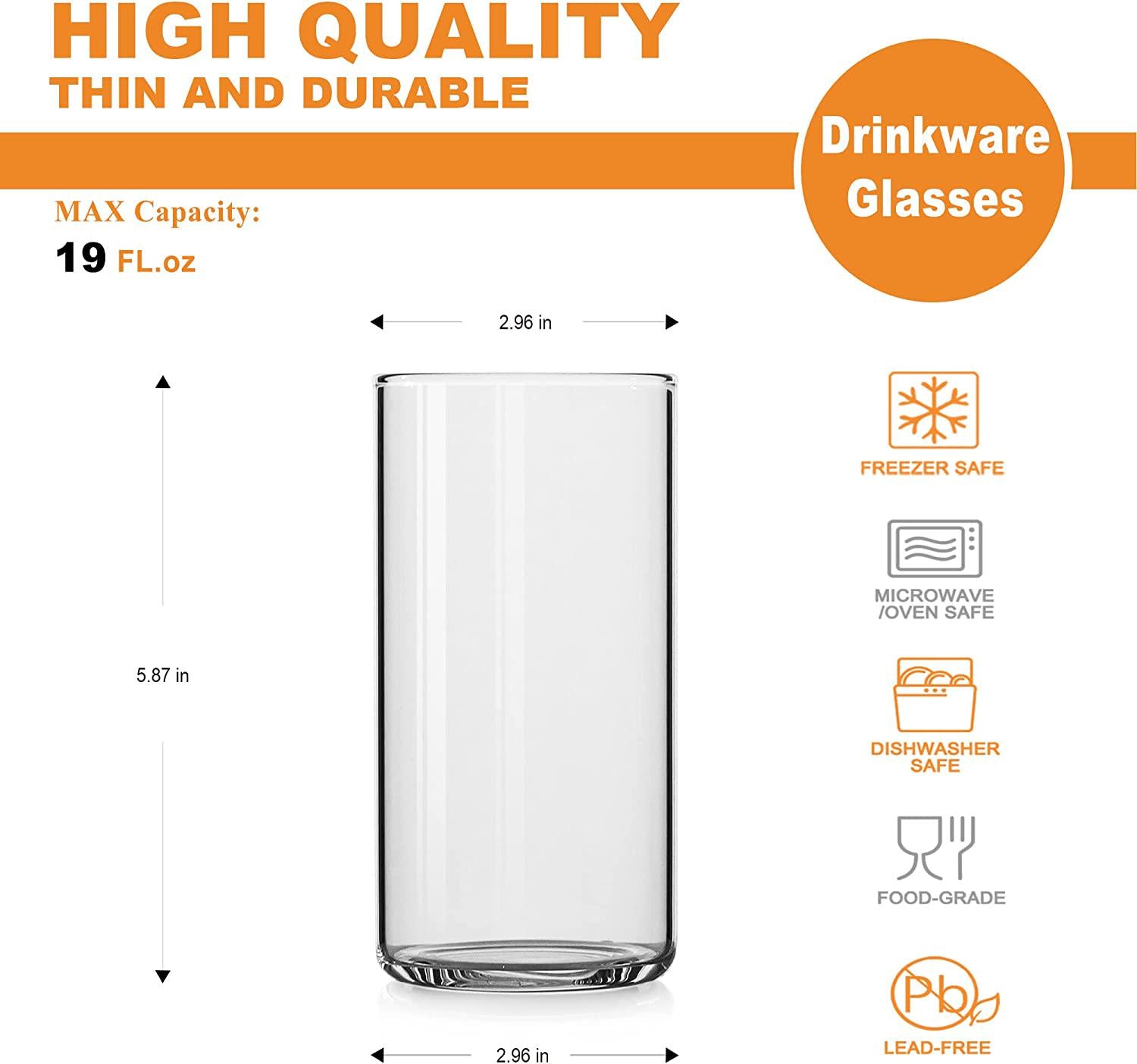 LUXU, LUXU Drinking Glasses 19 oz, Thin Highball Glasses Set of 4,Clear Tall Glass Cups For Water, Juice, Beer, Drinks, and Cocktails and Mixed Drinks