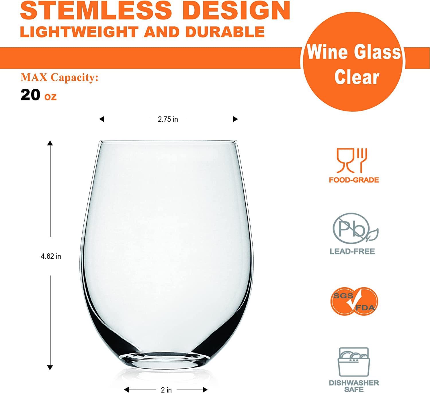LUXU, LUXU Stemless Wine Glasses(Set of 4)-20 oz,Clear Wine Cups for Red or White Wine,Crystal Whiskey Tumblers,Large Water Goblets,Drinking Glassware for Beer,Great Wine Gifts for Any Occasion