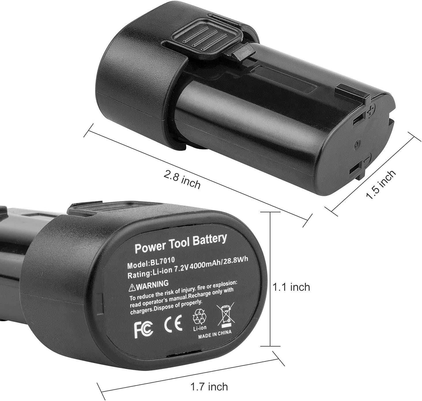 Labtec, LabTEC 2 Packs BL7010 7.2V 4000mAh Lithium Replacement Battery for Makita BL7010 194355-4 194356-2 198000-3 Cordless Power Tool Battery