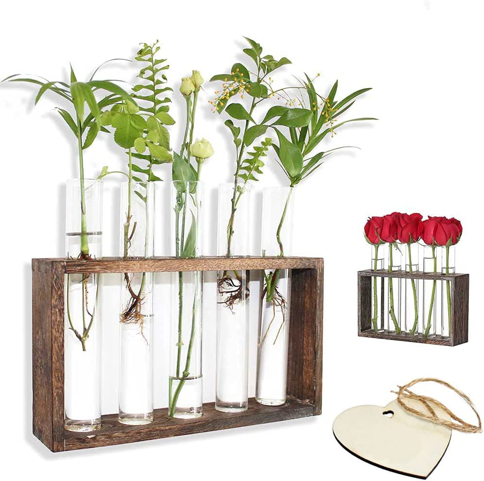 laffeya, Laffeya Hydroponic Plant Stand, Wall Plant Holder, with 5 Test Tube Vase Retro Solid Wooden Stand, Air Planter Test Tube Glass Vase Holder Wall Mounted Hanging Planter, Gifts for Plant Lovers