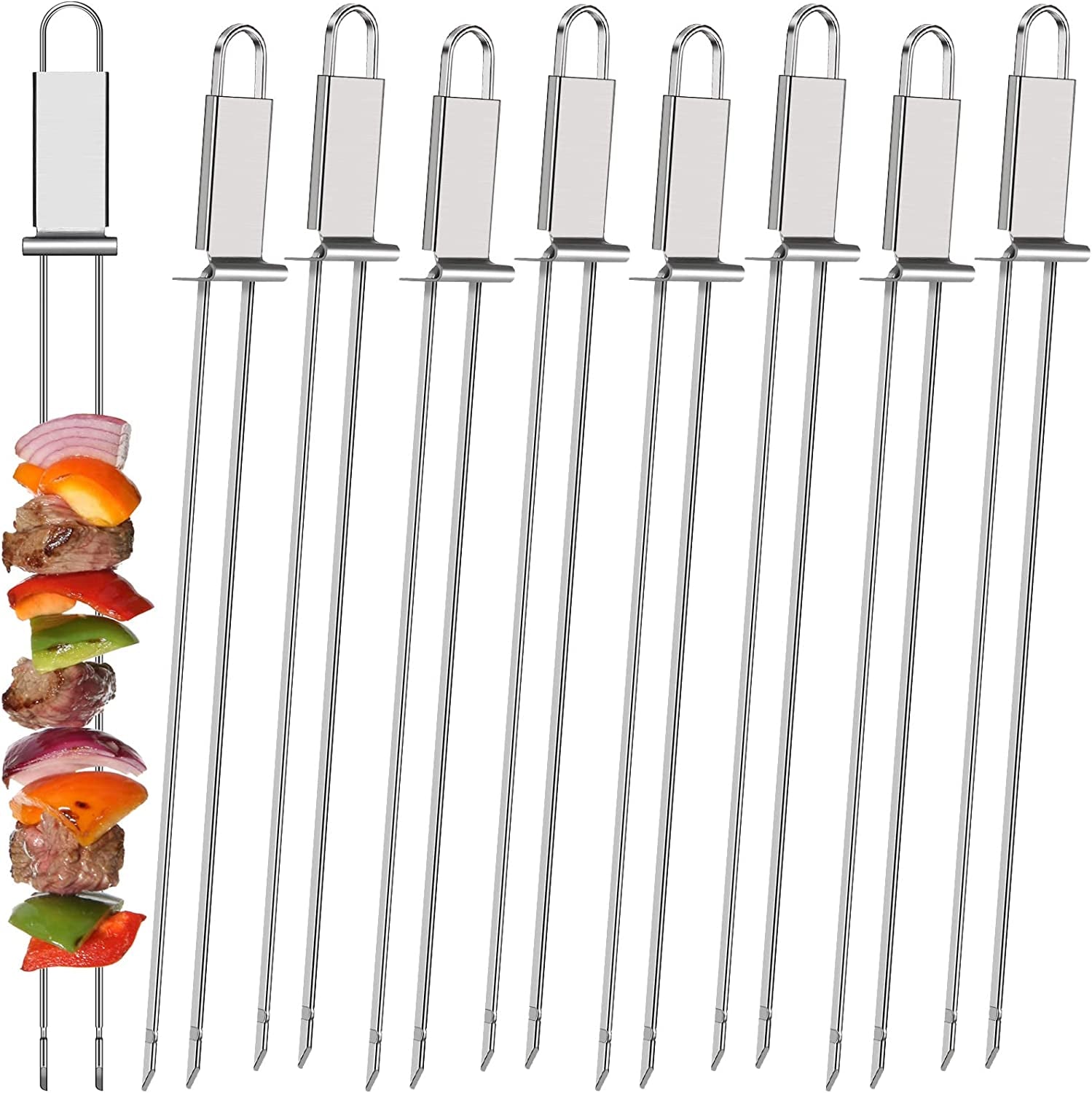 Lallisa, Lallisa Kabob Skewer for Grilling, Metal Stainless Steel BBQ Skewer Stick with Push Bar, Reusable Double Pronged Kebab Skewer Tool Quick Release Meat, Chicken, Vegetable and Fruit (9 Pieces)