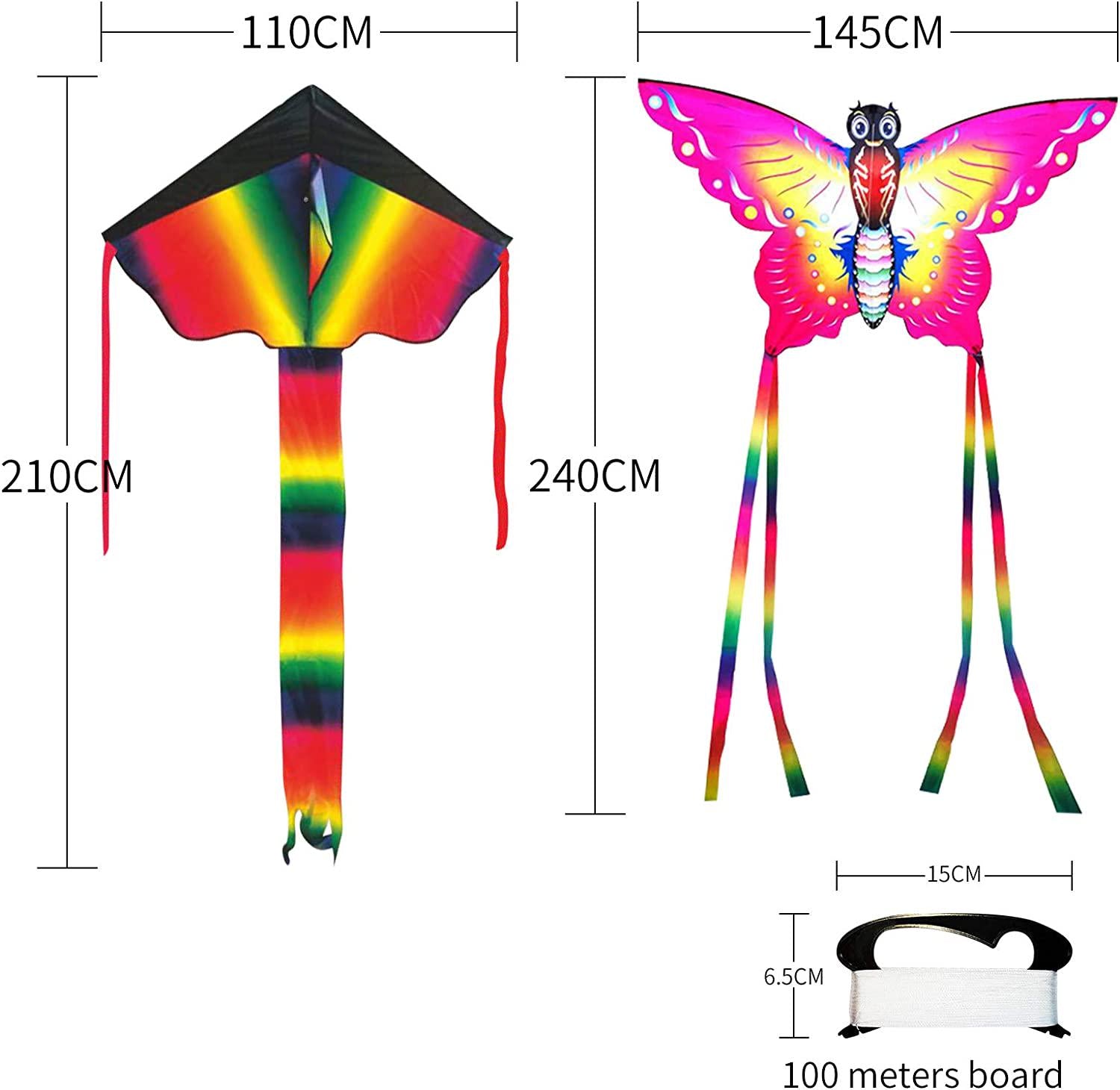 Lamonty, Lamonty 2 Pack Kites - Large Butterfly Kite and Black Rainbow for Children and Adult with Long Colorful Tail String Line Accessories Easy to Soar High Outdoor Sports Game Activities or Beach Trip