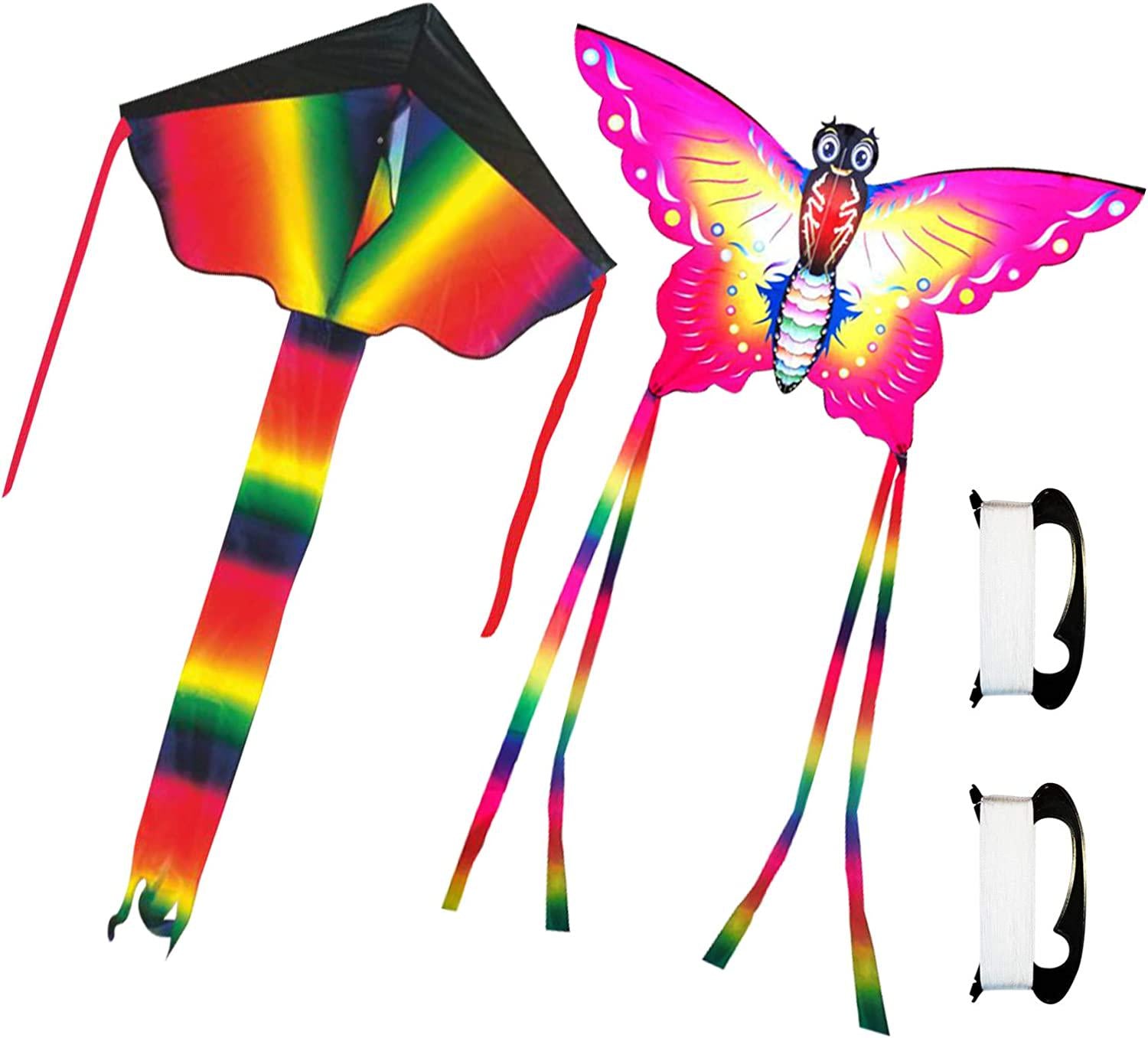 Lamonty, Lamonty 2 Pack Kites - Large Butterfly Kite and Black Rainbow for Children and Adult with Long Colorful Tail String Line Accessories Easy to Soar High Outdoor Sports Game Activities or Beach Trip