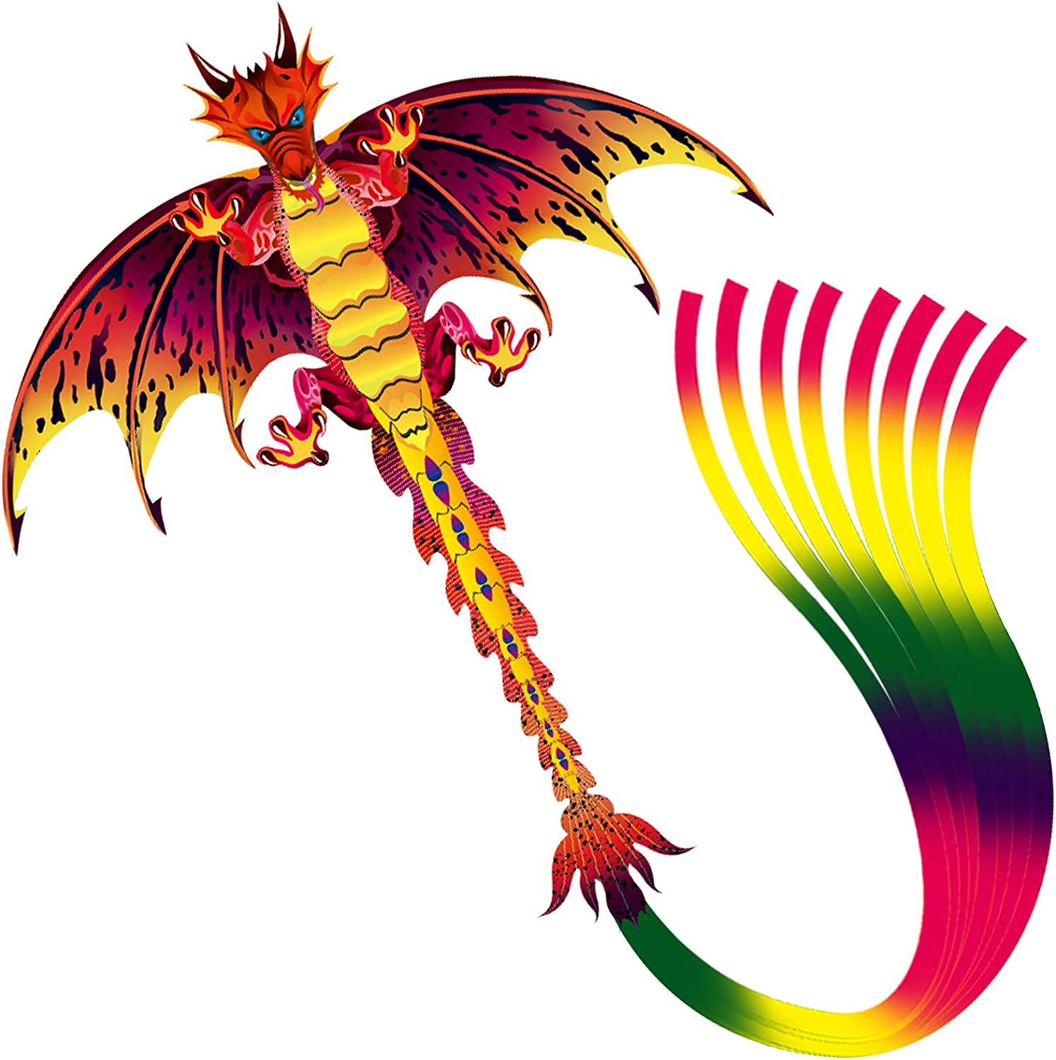 Lamonty, Lamonty Red Dragon Kite - Beautiful andÂ Easy Flyer Kite for Children and Adult with Long Colorful Tail String Line Accessories Easy to Soar High Outdoor Sports Game Activities or Beach Trip