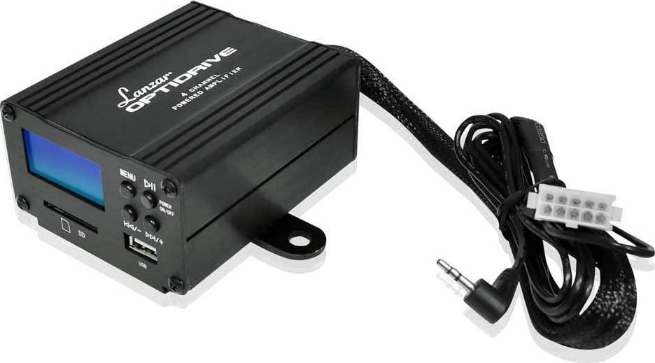 LANZAR, Lanzar OPTIMC80 700 Watts Motorcycle/ATV 4 Channel Amplifier with Handlebar Mount Speakers, FM/MP3/iPod/USB/SD and USB Charger - Set of 2
