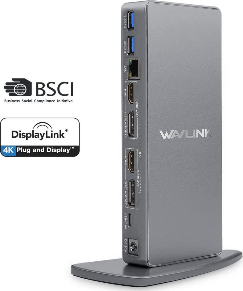 WAVLINK, Laptop Docking Station USB-C WAVLINK Universal Docking Stations for Dual Monitor with Single 5K Display and 2 4K HDMI Ports, Power Delivery Unsupported