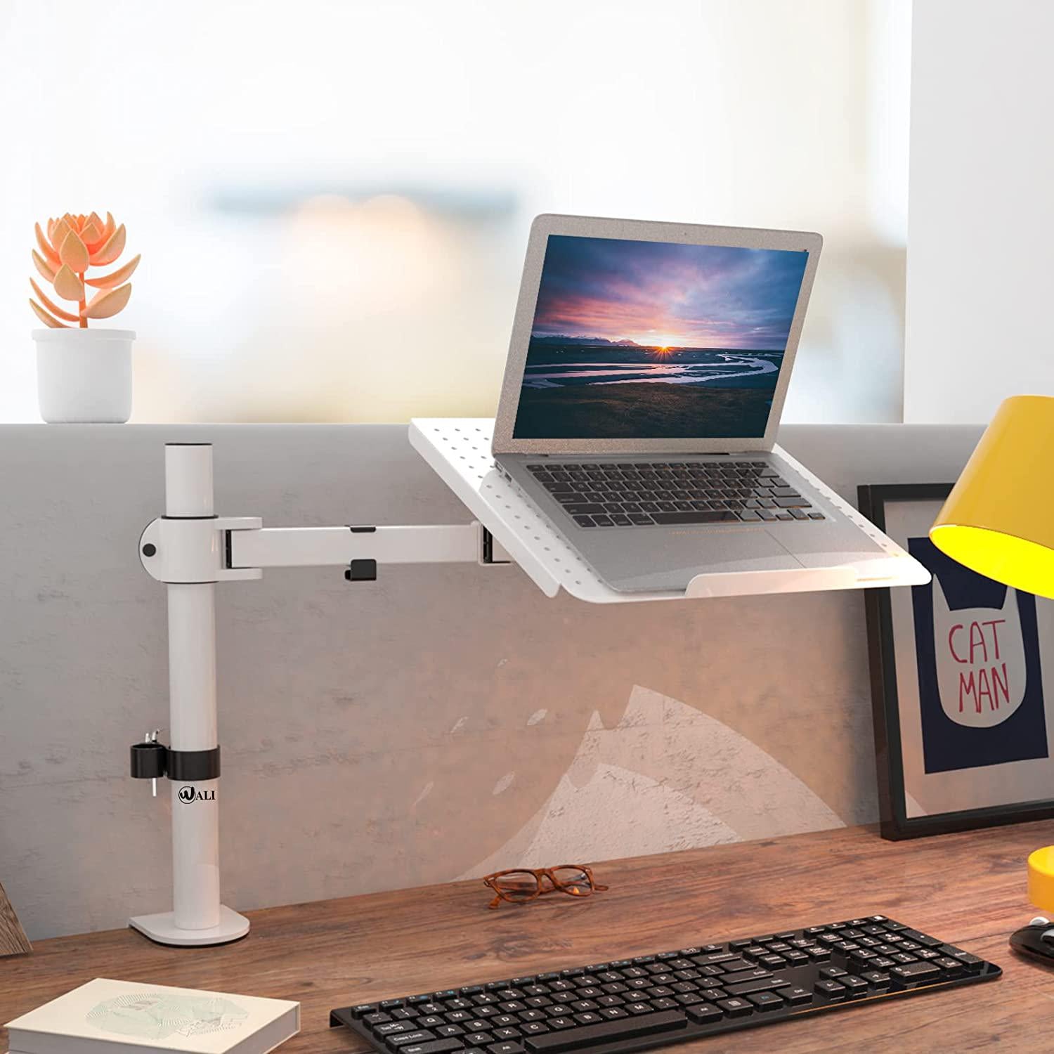 WALI, Laptop Mount Arm for Desk, VESA Laptop Tray, Fully Adjustable, up to 17 inch, 22lbs, with Vented Cooling Platform Stand (M00LP-W), White by WALI
