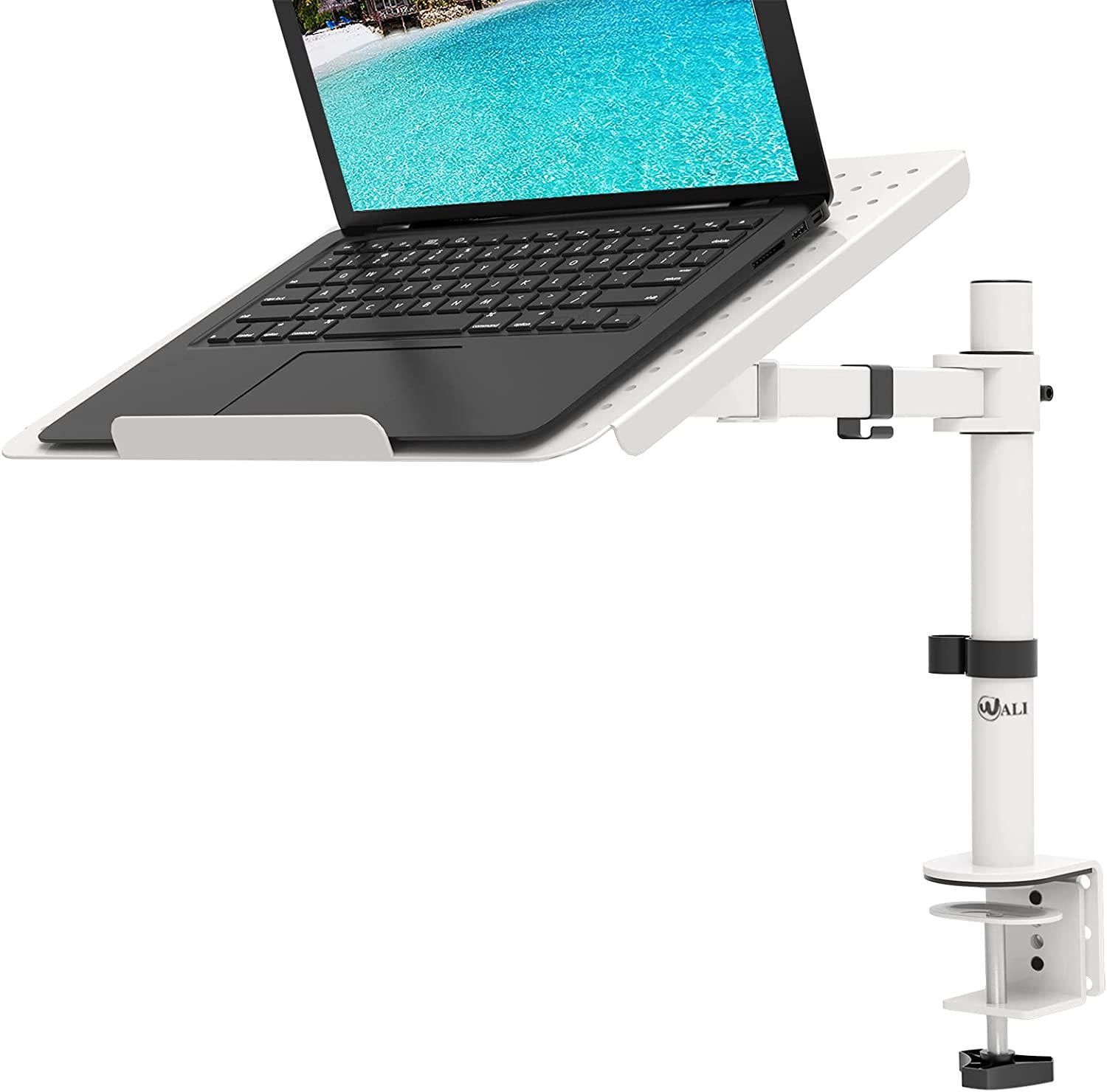 WALI, Laptop Mount Arm for Desk, VESA Laptop Tray, Fully Adjustable, up to 17 inch, 22lbs, with Vented Cooling Platform Stand (M00LP-W), White by WALI