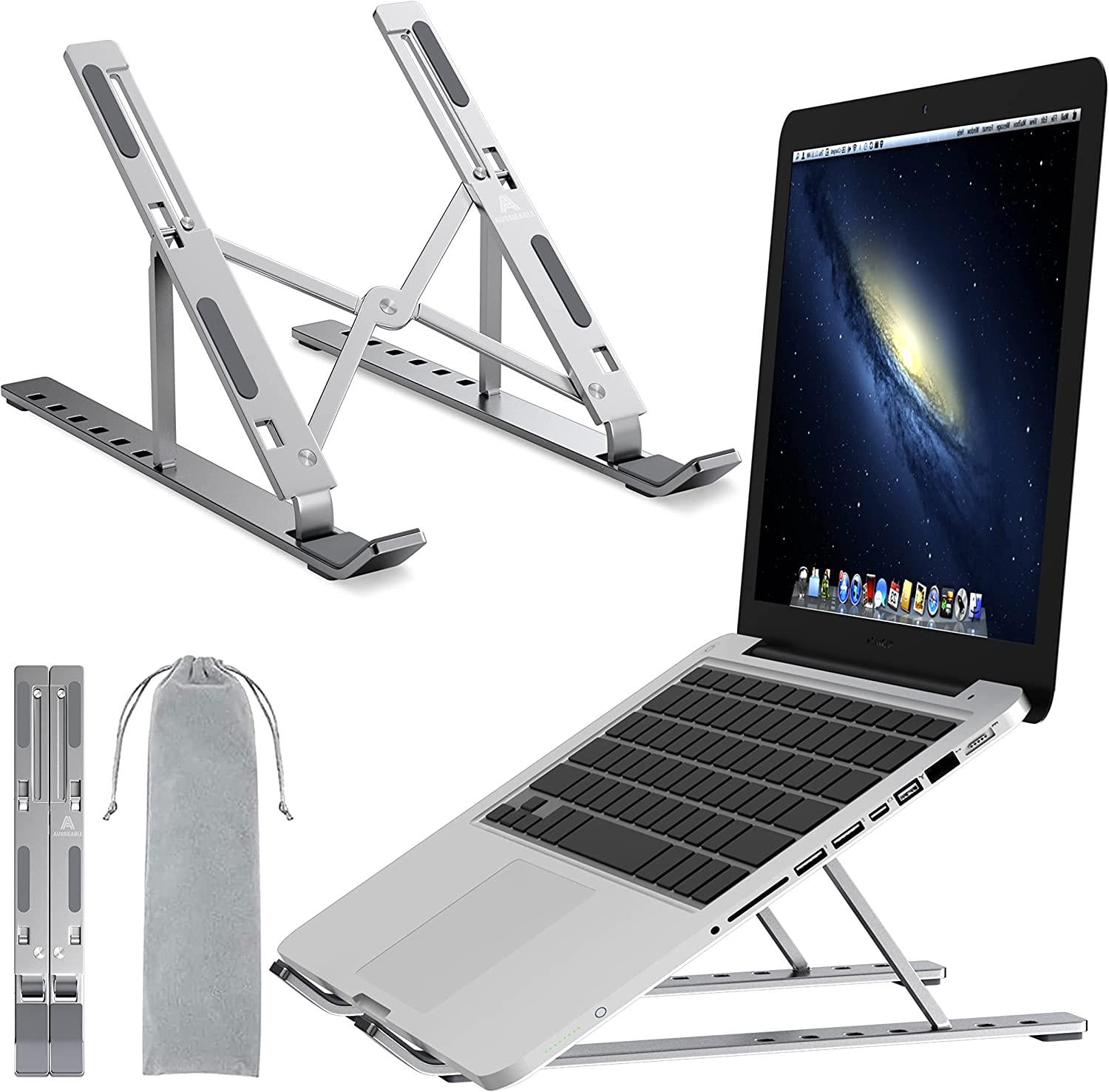 Aussieable, Laptop Stand for Desk, Aussieable Adjustable Ergonomic Portable Aluminum Laptop Holder, Foldable Computer Stand, 7 Angles, Anti-Slip, Laptop Riser, Compatible with Laptops and Tablets, Silver