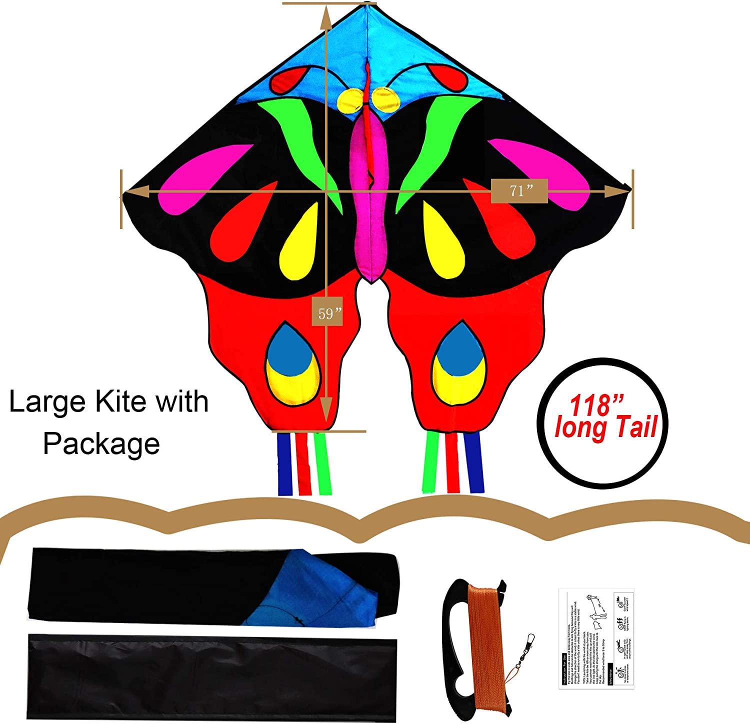 beautylion, Large Butterfly Kite for kids and Adults 71 Huge Strong Beach Kite with 6 Ribbons for boys/ girls Easy to Fly Kites for Outdoor Game/ Beach Trip with 300ft Kite String Colorful Kite Easy for Beginner