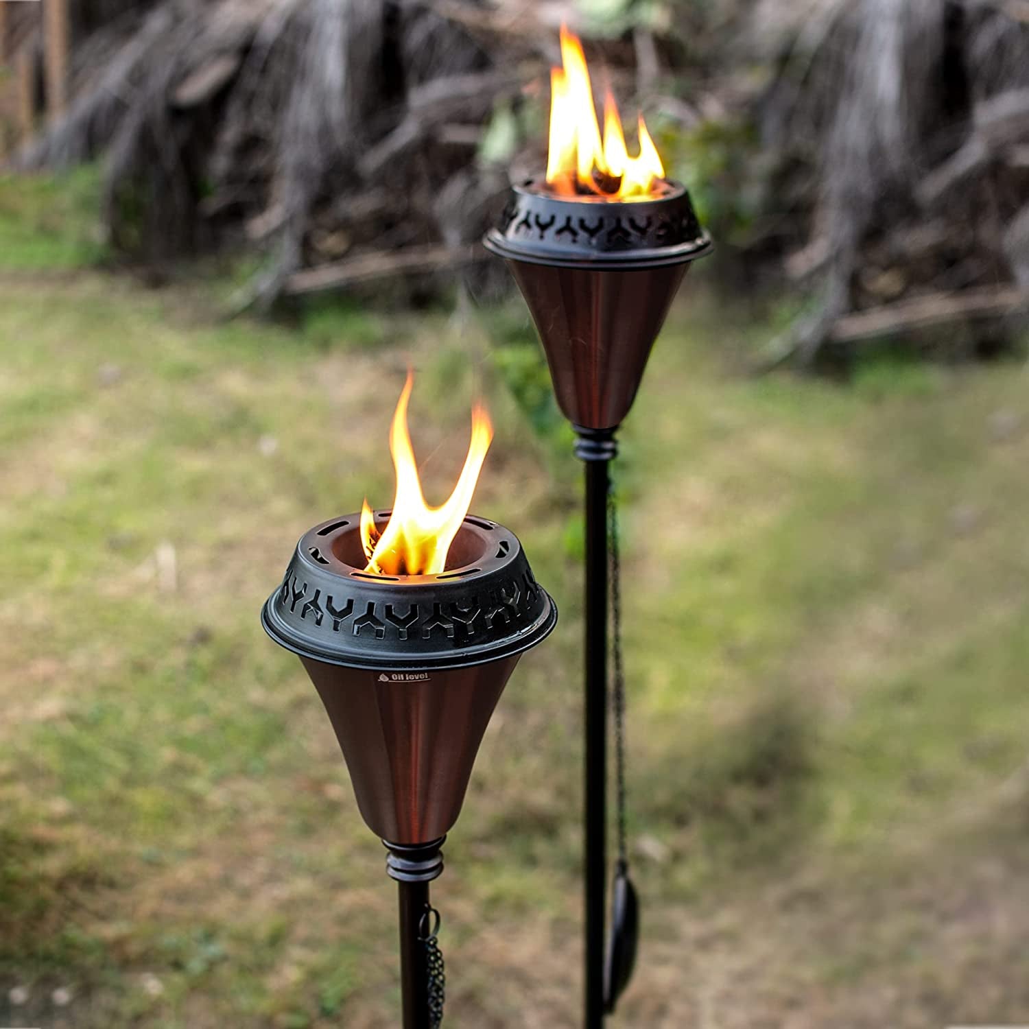 Deco Window, Large Flame Garden Torch - Deco Home Garden Torch Set of 2 | Citronella Garden Outdoor/Patio Outdoor Lighting Torch for Party Patio Pathway with Spikes and Deck Clamp | Caramel Black