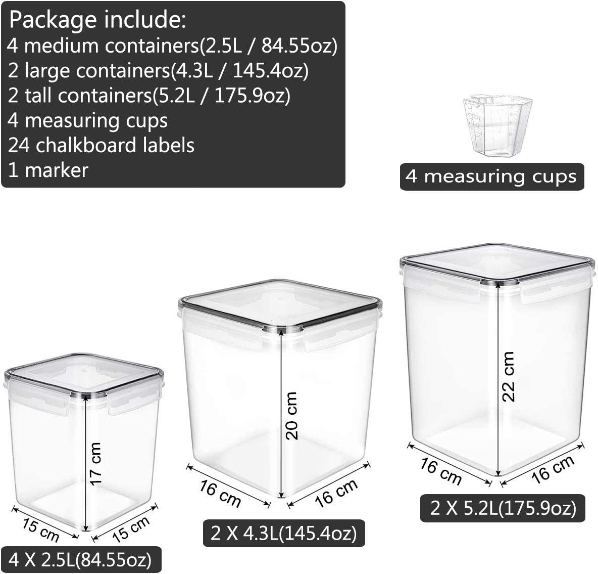 YORUKAU, Large Food Storage Containers 8 Pieces - PBA Free Kitchen and Pantry Organization Containers with Black Airtight Lids - Dishwasher Safe - Dry Food, Sugar, Flour, Cereal Container - Plastic Storage Bins