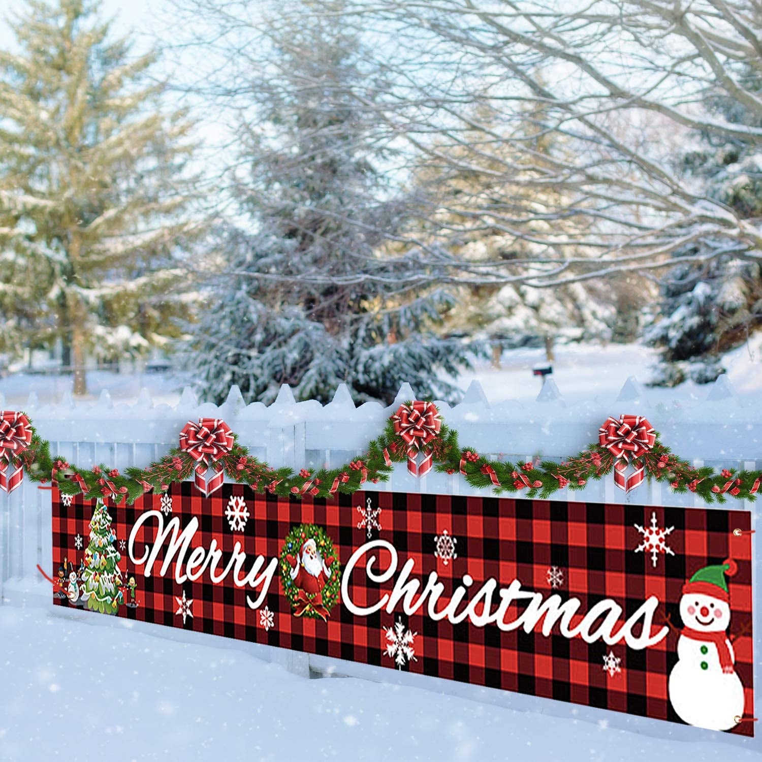 Lainrrew, Large Merry Christmas Banner, Red Buffalo Plaid Xmas Sign with Snowman Xmas Tree for Christmas Party, Outdoor Indoor Decoration, 9.8 X 1.6 Feet (Style 1)