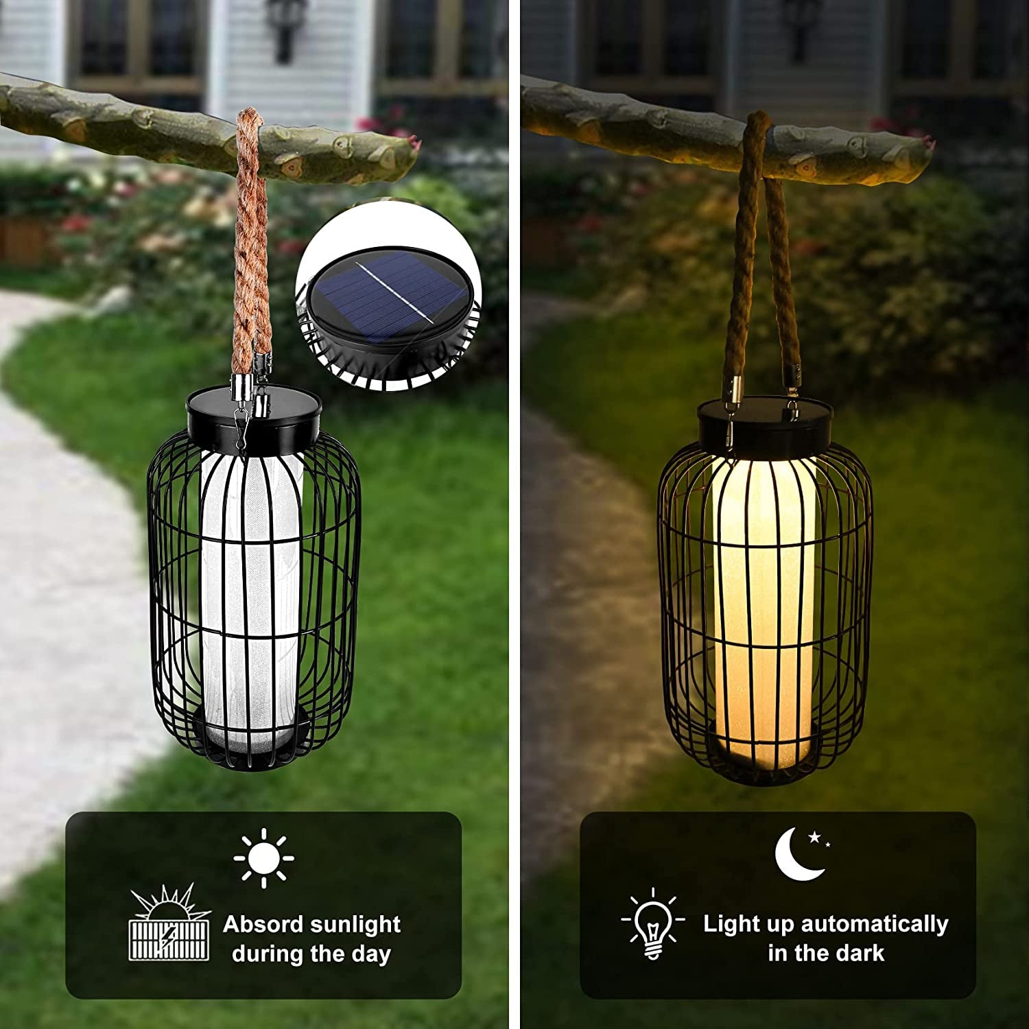 baterysu, Large Outdoor Solar Lanterns Hanging Light Waterproof LED Garden Lights Solar Powered Retro Metal Auto on off Table Lamp for Garden Patio Porch Lawn Pathway Walkway Tabletop Decorative(Black)