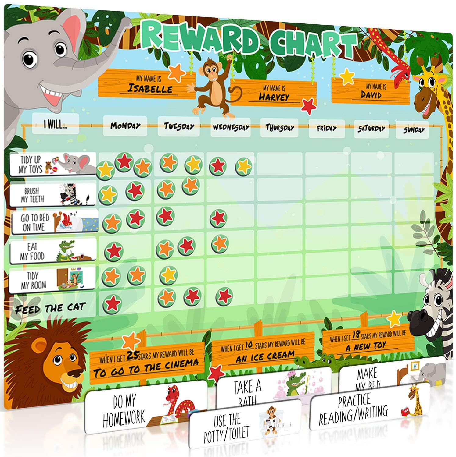 Luigi's, Large Safari Animal Magnetic Star/Reward Chart for Kids: Encourages Good Behaviour and Customisable with Choice of Magnets and Dry Erase Feature