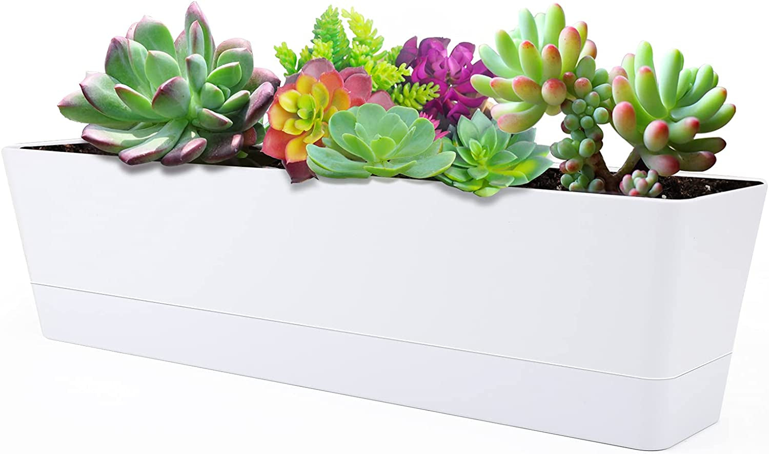GREANER, Large Window Boxes Planters, Greaner 1PCS 16X3.8 Inch White Vegetable Herb Flower Boxes with Tray, Indoor Succulent Cactus Plastic Rectangle Pot for Balcony, Office, Garden, Outdoor, Windowsill Decor