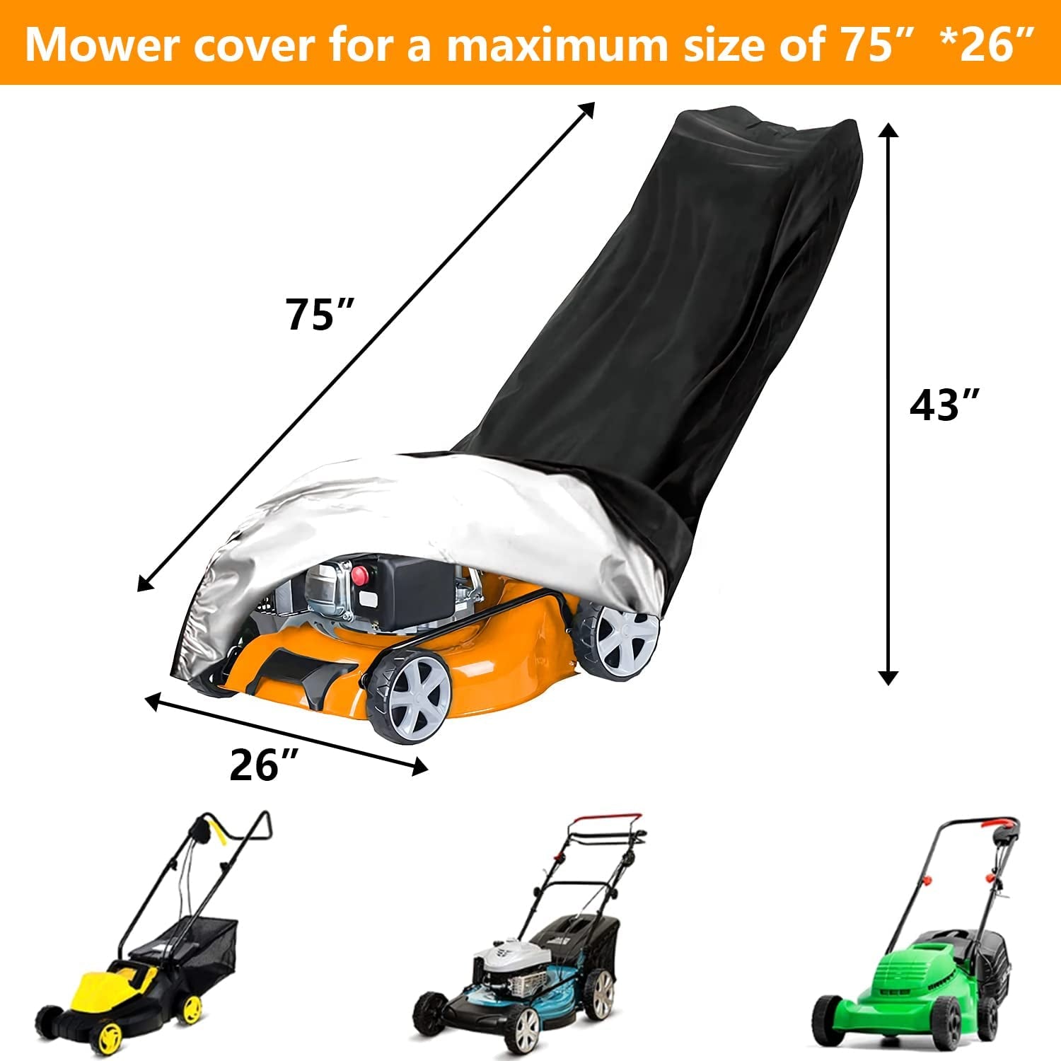 ZVF, Lawn Mower Cover, ZVF 300D Oxford Lawn Mower Cover Waterproof for Most Size Push Mower, anti Uv&Dustproof with Drawstring,Storage Bag and Buckle (74"X 26")