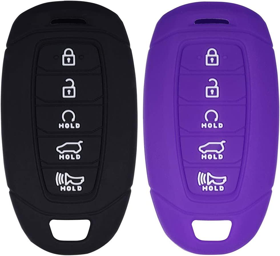 Lcyam, Lcyam Key Fob Cover Silicone Case Remote Holder Compatible with 2020 2021 2022 Hyundai Palisade Elantra Keyless Push Start 5 Button (Black Purple)