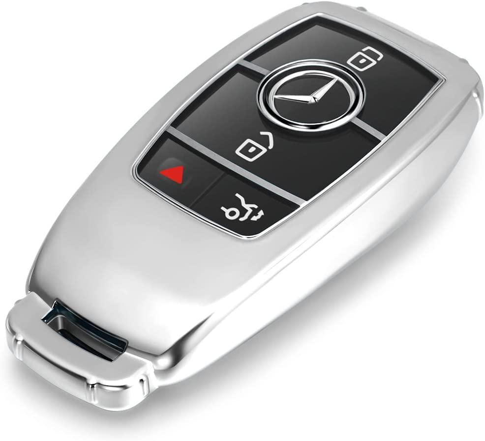 Lcyam, Lcyam Key Fob Cover Smooth Remote Case Fits for Mercedes-Benz A220 E63S AMG E-Class GLE 350 4MATIC E300 E400 E43 W213 Smart Key 2019 2020 2021, Silver