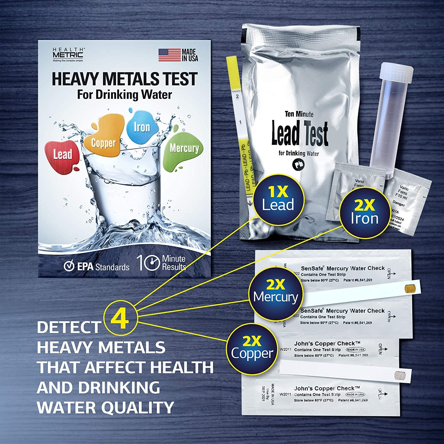 Health Metric, Lead Iron Copper and Mercury - Home Water Test Kit for Well Tap and Drinking Water | Fast & Accurate Quality Testing to EPA Standards | Easy to Use and Sensitive Tester Strips Made in USA