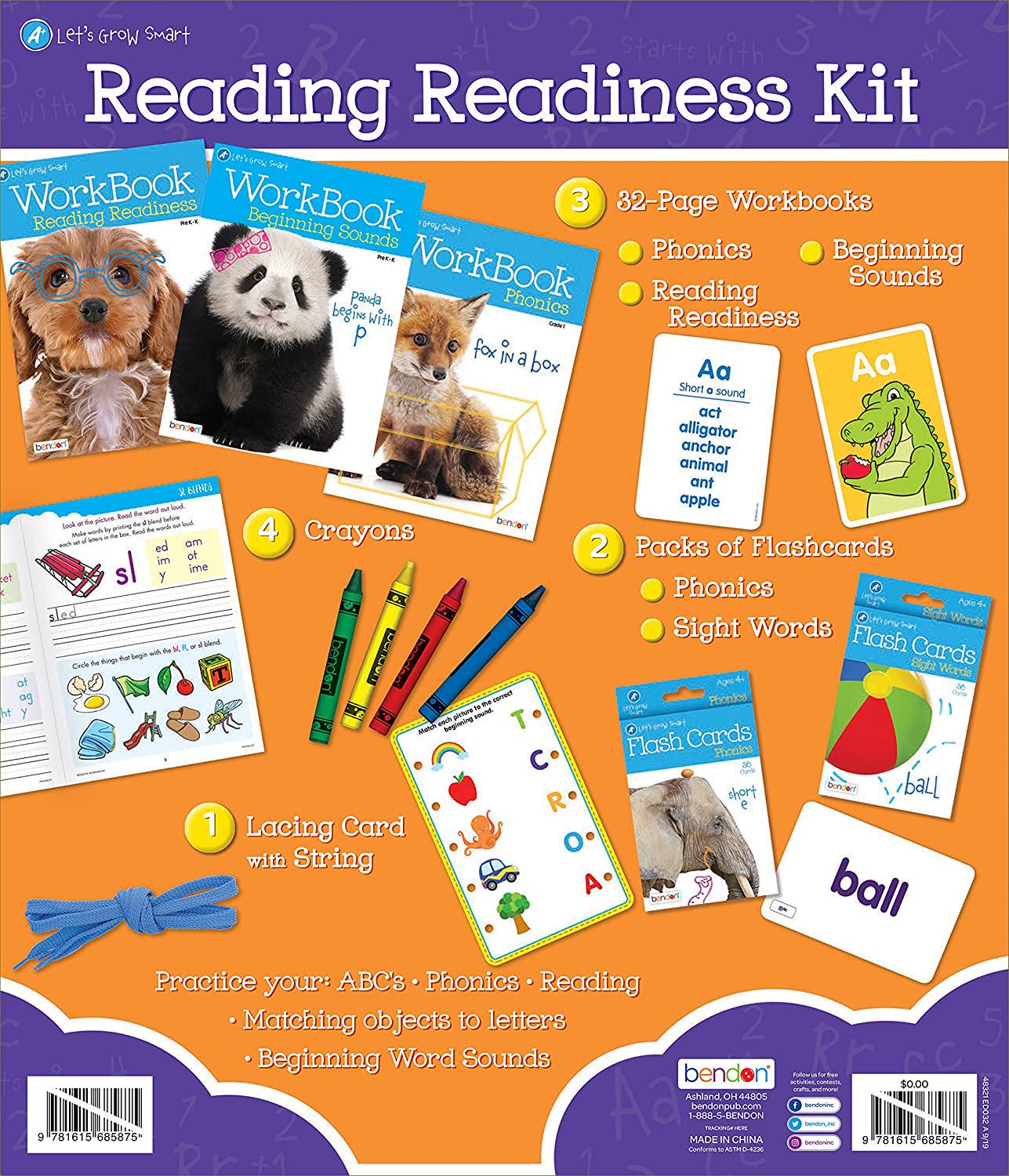 Bendon, Learn to Read, Reading Readiness Educational Box Set with 3 Early Learning Workbooks, Flash Cards, Crayons and More
