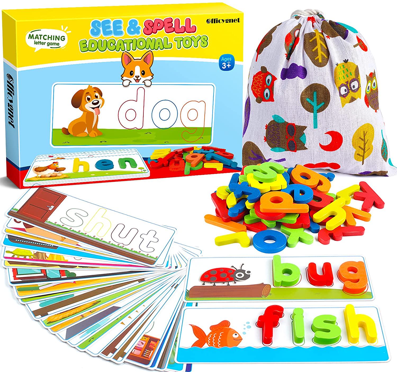 Officygnet, Learning Educational Toys and Gift for 3 4 5 6 Years Old Boys and Girls - See and Spell Matching Letter Game for Preschool Kindergarten Kids - 80 Pcs of CVC Word Builders for Toddler Learning Activities