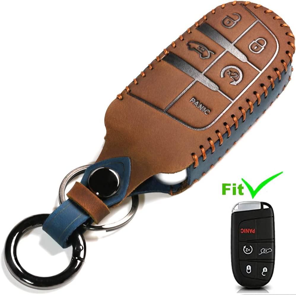 ZiHafate, Leather Car Key Fob Cover, Suit for Keyless Remote Control for Jeep Grand Cherokee Dodge Challenger Charger Dart Durango Journey Chrysler 200 300 Fiat etc (A Style, Brown)