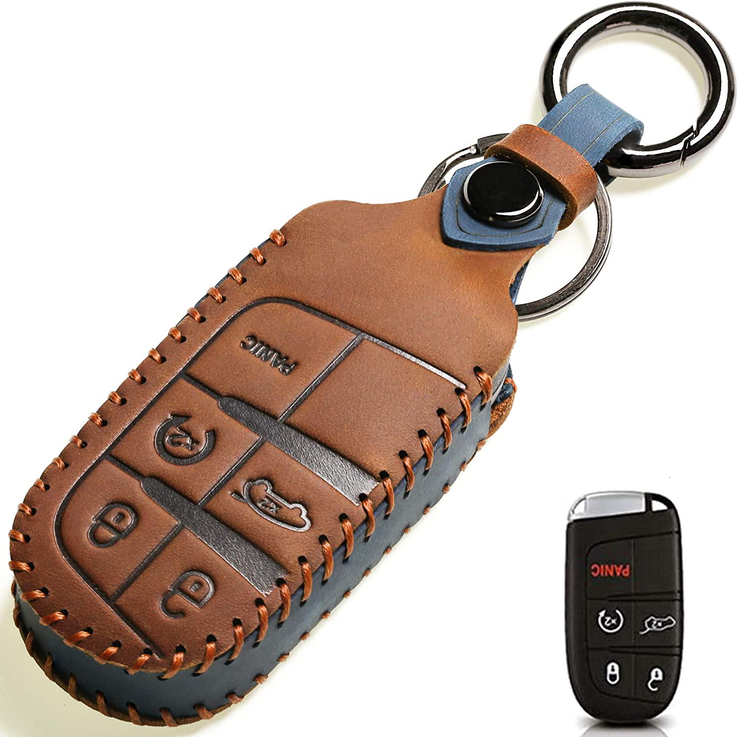 ZiHafate, Leather Car Key Fob Cover, Suit for Keyless Remote Control for Jeep Grand Cherokee Dodge Challenger Charger Dart Durango Journey Chrysler 200 300 Fiat etc (A Style, Brown)