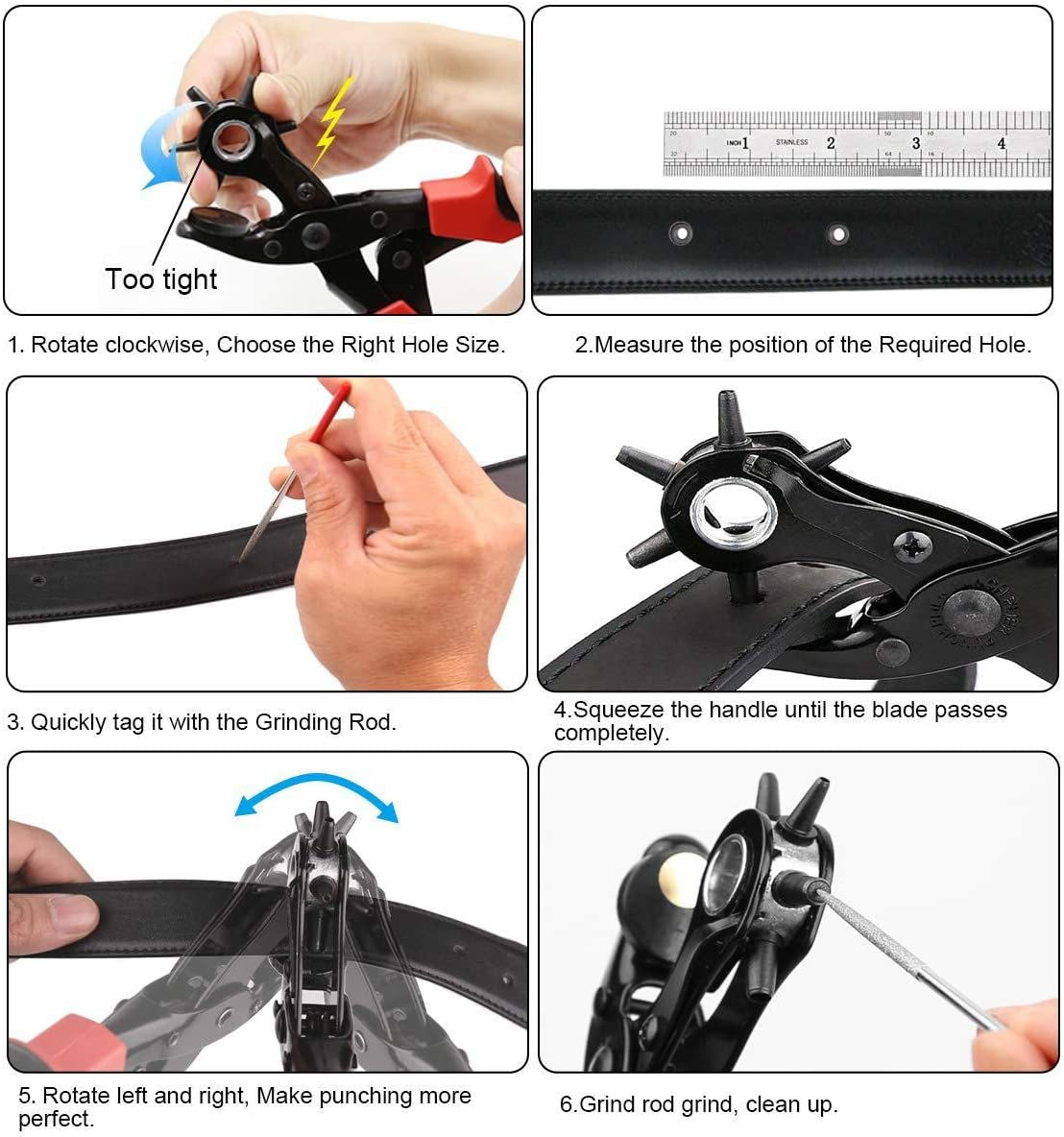 FYJIDY, Leather Hole Punch Set, Revolving Punch Plier Kit,Multi Hole Sizes Maker Tool,Super Heavy Duty Rotary Puncher for Belts, Dog Collars, Saddles, Shoes, Fabric,Watch Bands, Straps