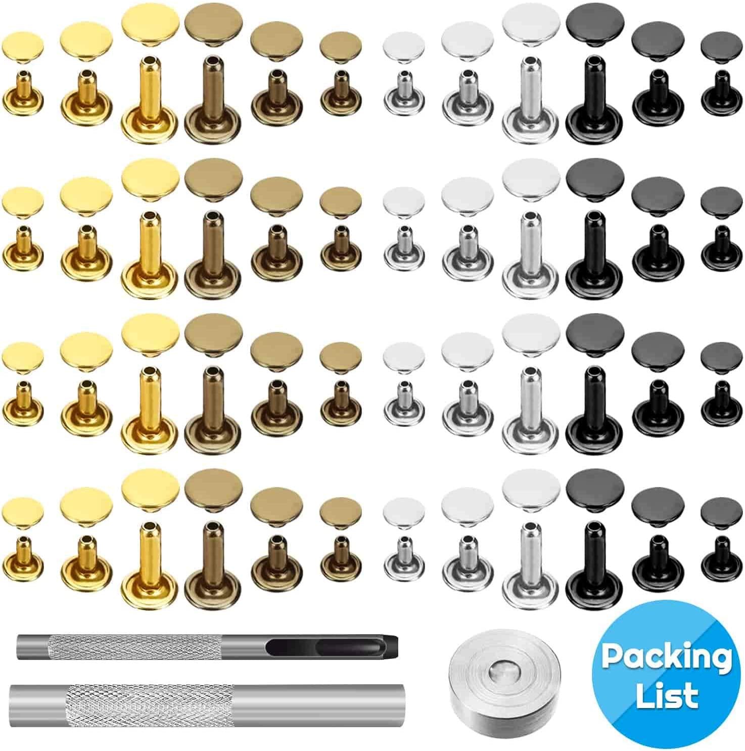 shynek, Leather Rivets Kit, Shynek 360 Sets Double Cap Brass Rivets Leather Studs with Setting Tools for Leather Repair and Crafts, 4 Colors and 3 Sizes