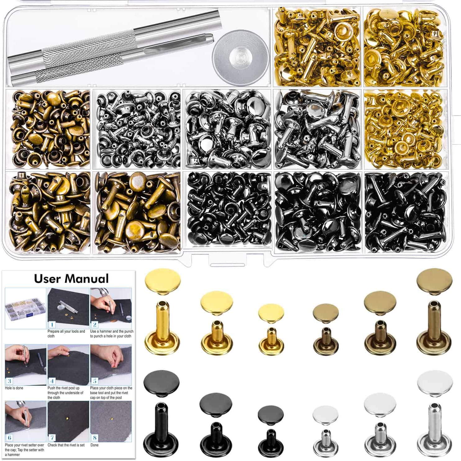 shynek, Leather Rivets Kit, Shynek 360 Sets Double Cap Brass Rivets Leather Studs with Setting Tools for Leather Repair and Crafts, 4 Colors and 3 Sizes