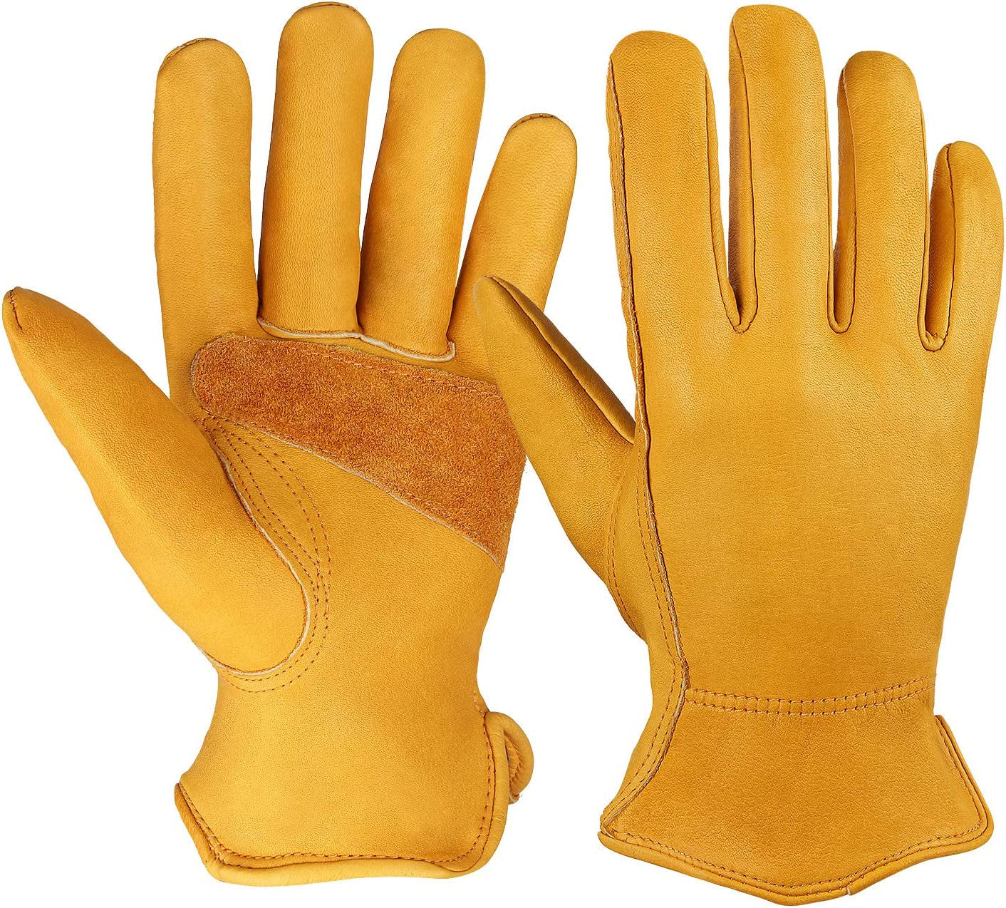 OZERO, Leather Work Gloves Stretchable Flex Grip Water Resistant Tough Cowhide Gardening Glove for Men Women Yellow