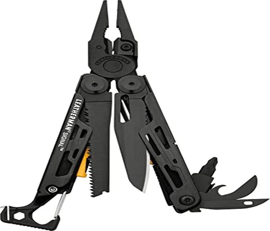 Leatherman, Leatherman Signal - Camping and survival multi-tool with 19 built-in tools, all-locking features, fire-starting ferro rod, hammer and safety whistle, made in USA, in black with a black nylon holster
