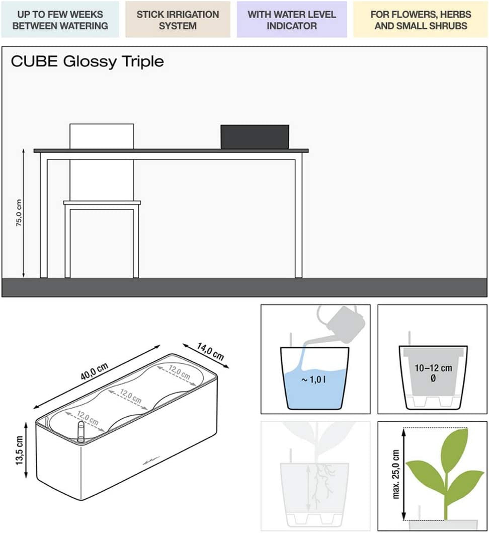 Lechuza, Lechuza Cube Glossy Triple Self-Watering Planter, Charcoal