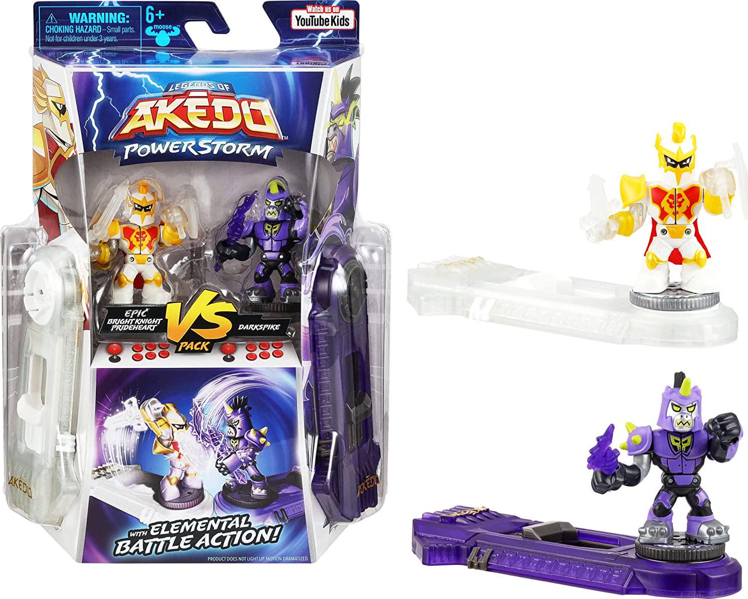 Akedo, Legends of Akedo Powerstorm Versus Pack 2 Mini Battling Action Figures and 2 Battle Controllers Epic Bright Knight Prideheart Versus Darkspike, Multicolor (15174)