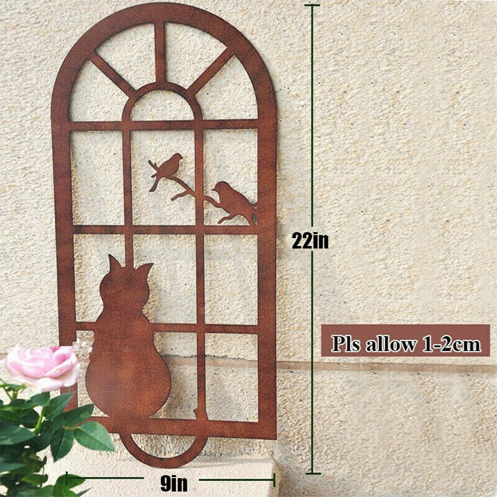 lehom, Lehom Metal Wall Art Outdoor 22 Inch Bird and Cat Garden Distressed Window Statues, Metal Wall Decor with Frame, Iron Animal Garden Wall Ornament for Home Yard Front Door