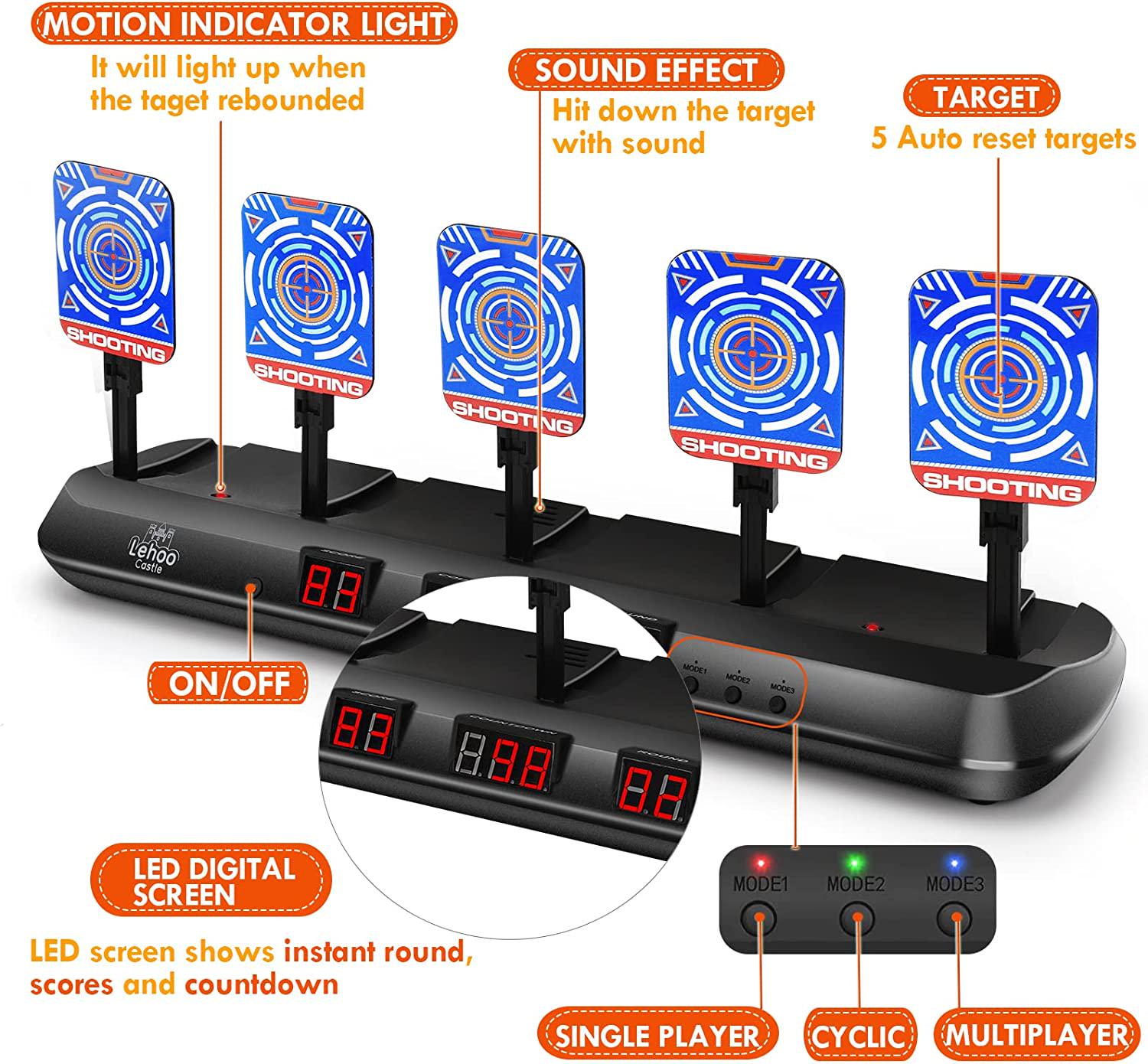 Lehoo Castle, Lehoo Castle Nerf Target, 5 Electronic Digital Target for Nerf Guns, Shooting Targets with Auto-Reset, Scoring Target Includes 20 Bullets, Hand Wrist Bands, Stickers, Outdoor Game for Boys Girls
