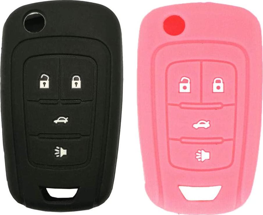 LemSa, LemSa 2 Pack Keyless Entry Remote Car Flip Key Fob Outer Shell Cover Soft Rubber Silicone Protector Keyless Jacket Case for Chevrolet Camaro Cruze Chevy Equinox Sonic Terrain Key Fob, Black/Pink