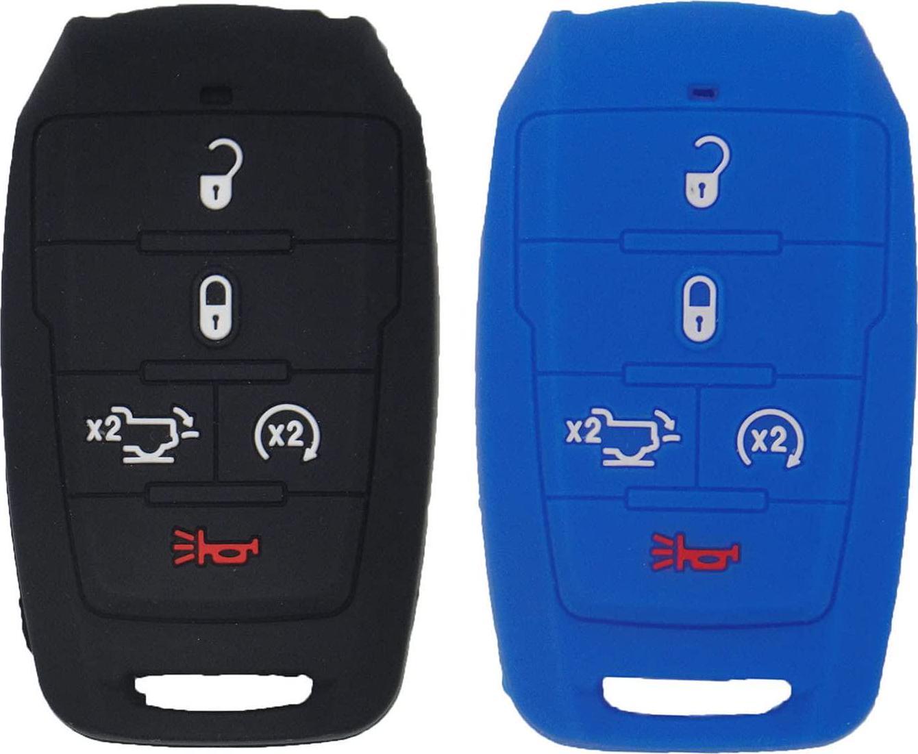 LemSa, LemSa 2 Pack Silicone 5 Buttons Smart Key Fob Cover Remote Keyless Entry Bag Compatible with 2021 2020 2019 Dodge Ram 1500 68291690, Black Blue