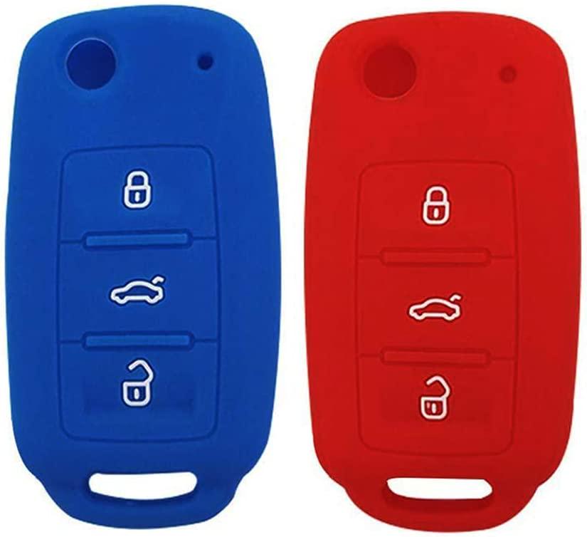 LemSa, LemSa 2Pcs Keyless Entry Remote Car Flip Key Fob Outer Shell Cover Soft Rubber Protective Case for VW Volkswagen Jetta GTI Passat Golf Tiguan Touareg Beetle, Red+Blue