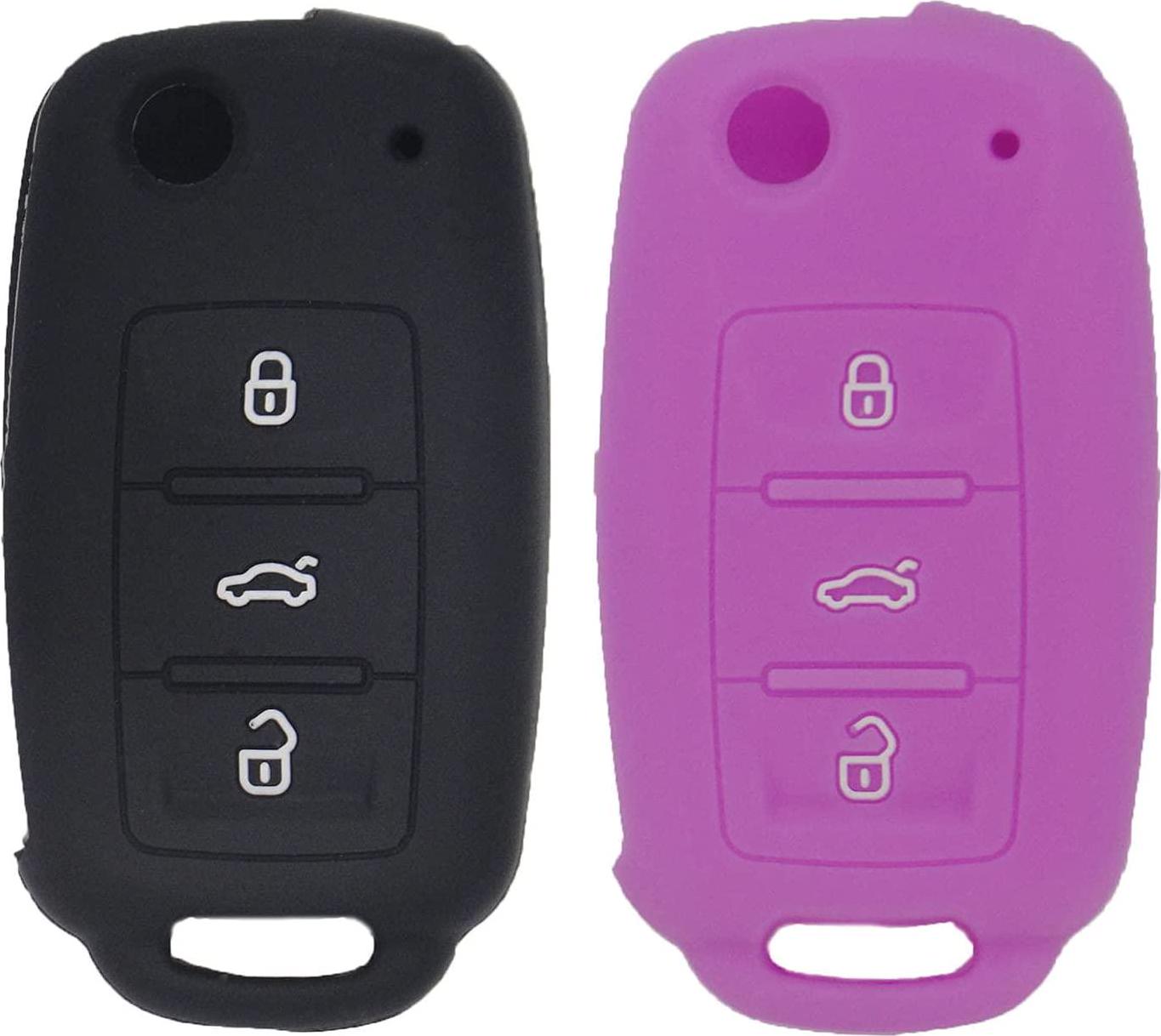 LemSa, LemSa 2Pcs Rubber Silicone Flip Key Fob Case Cover Protector Holder for VW Volkswagen Jetta GTI Passat Golf Tiguan Touareg Beetle, Black/Purple