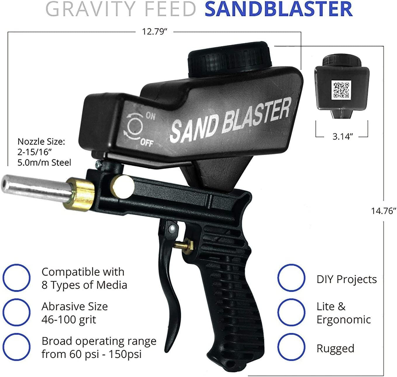 LEMATEC, Lematec Portable Gravitation Sandblasting Sand Blaster Gun Kit for All Blasting Projects, Remove Paint, Stain, Rust, Grime on Surfaces and Pool Cleaning (Black)