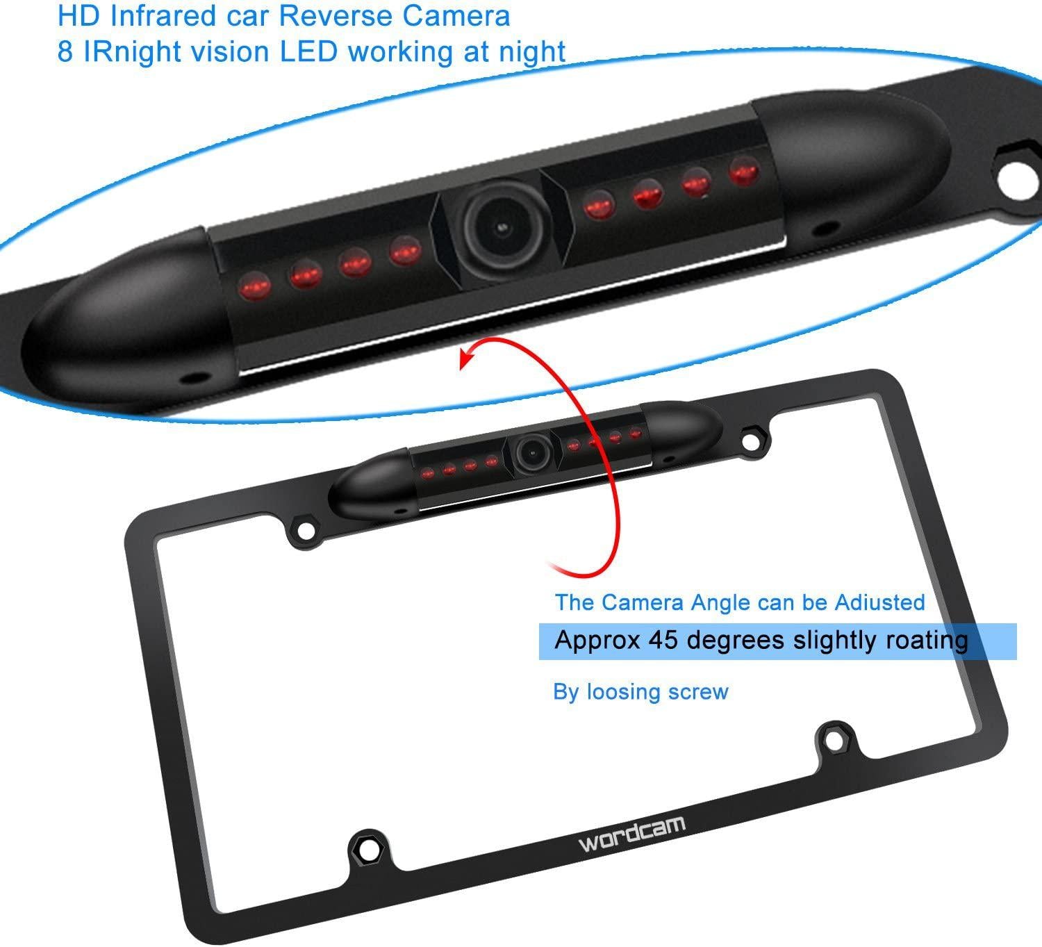 Wordcam, License Plate Frame Rear View Backup Camera 170° Viewing Angle Universal Car License Plate Frame Mount Waterproof High Sensitive 8 IR LED Night Vision Reverse Parking Aid System