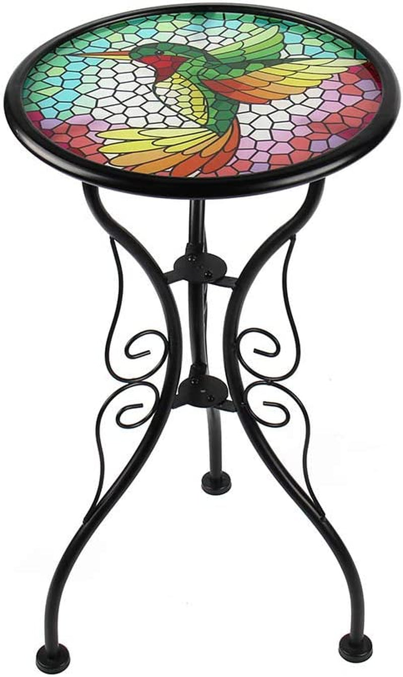 Liffy, Liffy Outdoor Mosaic Side Table Hummingbird Bench Small Patio round Printed Glass Table for Garden, Yard or Lawn