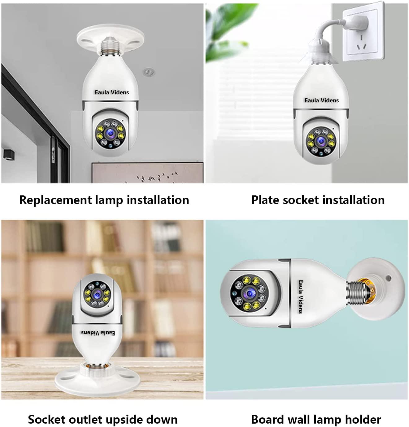 Eaula Videns, Light Bulb Security Camera 1080P, PTZ WiFi 360 Degree E27 Panoramic IP Camera,Night Vision Color, Motion Detection,Support WIFI2.4GHZ/5.0GHZ, APP Access(White) (Security Camera)